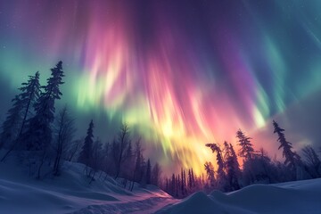 Northern lights above snow trees. Winter landscape with mountains and forest. Aurora borealis with starry in the night sky. Fantastic Winter Epic Magical Landscape. Gaming RPG background - obrazy, fototapety, plakaty