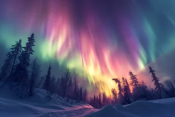 Fotobehang Northern lights above snow trees. Winter landscape with mountains and forest. Aurora borealis with starry in the night sky. Fantastic Winter Epic Magical Landscape. Gaming RPG background © Abstract51