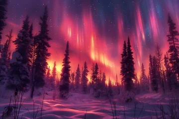 Fototapeten Northern lights above snow trees. Winter landscape with mountains and forest. Aurora borealis with starry in the night sky. Fantastic Winter Epic Magical Landscape. Gaming RPG background © Abstract51