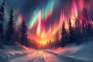 Northern lights above snow trees. Winter landscape with mountains and forest. Aurora borealis with starry in the night sky. Fantastic Winter Epic Magical Landscape. Gaming RPG background