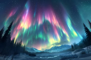 Outdoor kussens Northern lights above snow trees. Winter landscape with mountains and forest. Aurora borealis with starry in the night sky. Fantastic Winter Epic Magical Landscape. Gaming RPG background © Abstract51