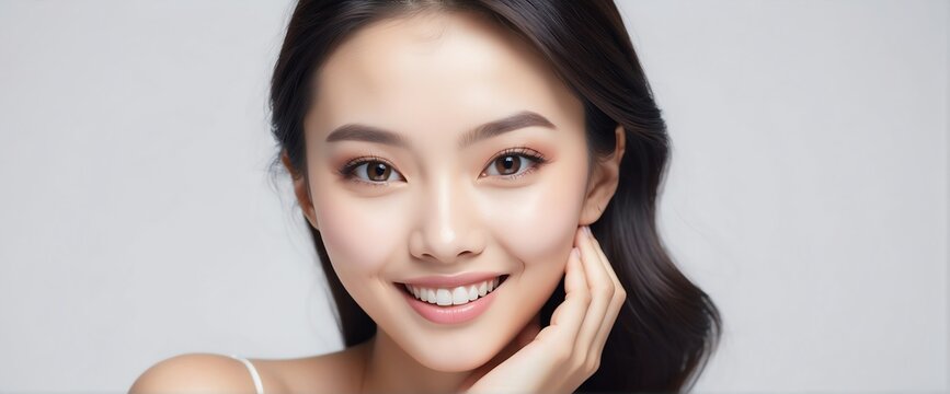 Bright White background Portrait of asian smiling beautiful woman with smooth clean face glowing skin youth skin care ad concept from Generative AI
