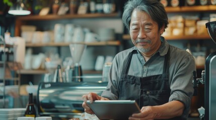 Fototapeta premium Portrait of a happy coffee shop worker with a tablet 