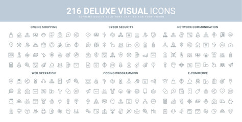 Cyber security of network and web services, online shopping on sales and programming line icons set. Code development, mobile apps and software testing thin black outline symbols vector illustration