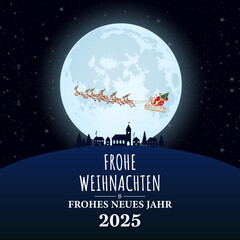 Karte oder Banner, um frohe Weihnachten und ein glückliches neues Jahr 2025 in Weiß auf schwarzem Hintergrund zu wünschen, mit dem Mond und dem Schlitten des Weihnachtsmanns davor
