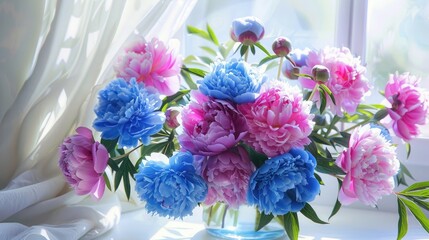 bouquet of blue and pink peonies in a vase