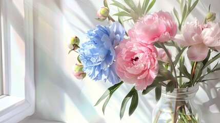 bouquet of blue and pink peonies in a vase