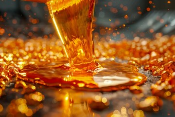 High-Speed Photography of Golden Honey Pouring on Surface Creating a Beautiful Splash