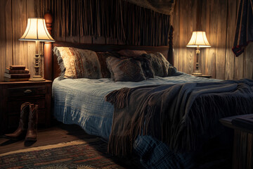 Cozy Rustic Bedroom Interior with Warm Lighting and Textured Bedding