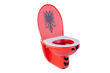 Striking Red Toilet with Black Albanian Eagle Emblem on Lid Design