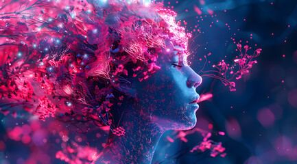 A digital painting depicting a womans face with pink flowers sprouting from her hair, surrounded by purple, violet, magenta petals. An artistic representation of nature and beauty - obrazy, fototapety, plakaty