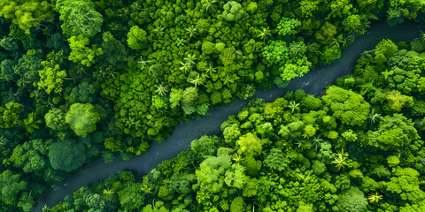 Tropical Floresta com Rio Serpenteante - obrazy, fototapety, plakaty