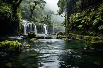 A river meandering through a verdant forest with a distant waterfall