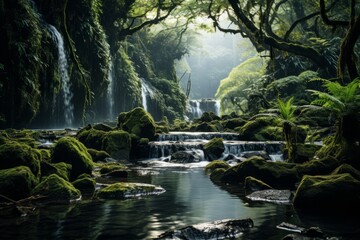 River meandering through verdant forest with distant waterfall