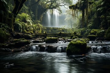Waterfall in a lush forest with a flowing river in the natural landscape