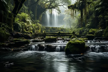Fotobehang Waterfall in a lush forest with a flowing river in the natural landscape © Yuchen Dong