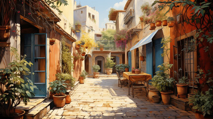 In the watercolor illustration, a picturesque Mediterranean village setting features a quaint and sunlit alley with potted plants and bistro tables.