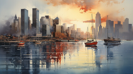 Watercolor illustration of cityscape shows sailboats moored in a tranquil harbor as the sunset casts a warm glow over the towering skyline. - obrazy, fototapety, plakaty