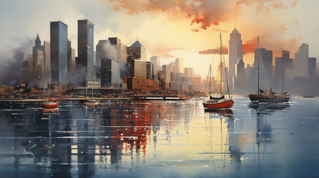 Watercolor illustration of cityscape shows sailboats moored in a tranquil harbor as the sunset casts a warm glow over the towering skyline.
