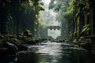 Water flowing through lush green forest with bridge in background