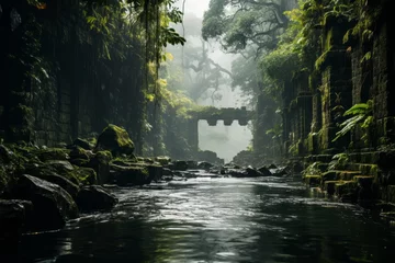 Fotobehang Water flowing through lush green forest with bridge in background © Yuchen Dong