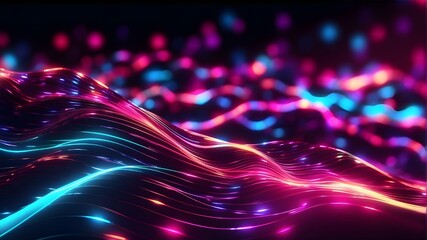 3D render of an abstract neon background including vibrant bokeh lights and luminous, wavy lines.