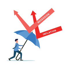 Businessman protect himself with big umbrella from inflation and recession. Business and company survive concept vector illustration