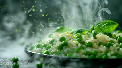 A tantalizing plate presents hot pea risotto, its surface glistening with lemon zest, accompanied by a bed of fresh green peas and fragrant herbs, as steam gracefully wafts upwards.