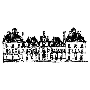 Ch&acirc;teau de Cheverny. Old castle on Loire, France. Hand drawn linear doodle rough sketch. Black and white silhouette.