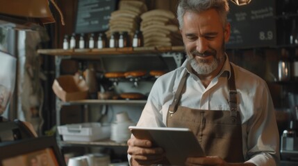 Fototapeta premium Portrait of a happy coffee shop worker with a tablet