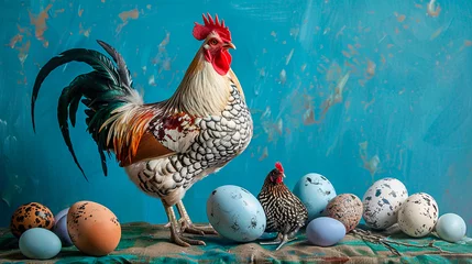 Tuinposter colorful easter eggs and chickens © Fantastic