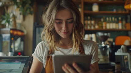 Portrait of a happy coffee shop worker with a tablet