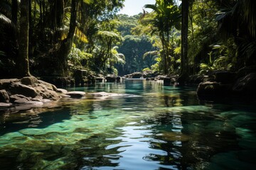 A winding river flows through a verdant forest with towering trees