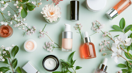 Skin Care Products and Flowers on Green Floral Background