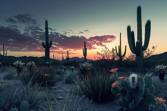 Dark Black flowers background large green cactuses in the arizona desert at sunset, Clouds