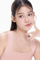Close-up portrait of young Asian beautiful woman with K-beauty make up style and healthy and...