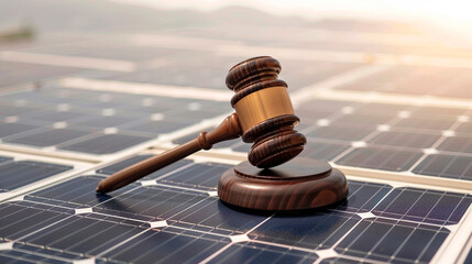 Judge's gavel on solar panels - obrazy, fototapety, plakaty