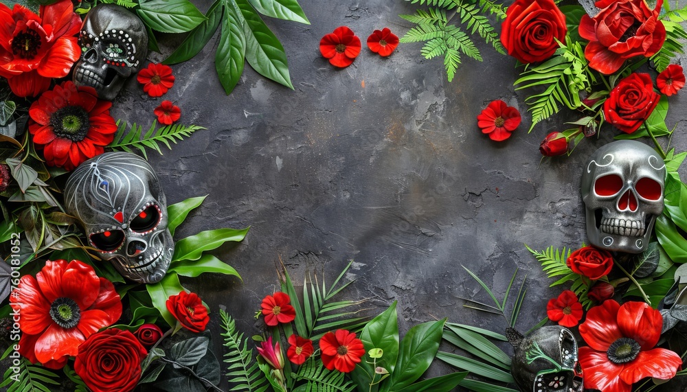 Poster Day of the dead skeleton face painting background with ample empty space for text caption