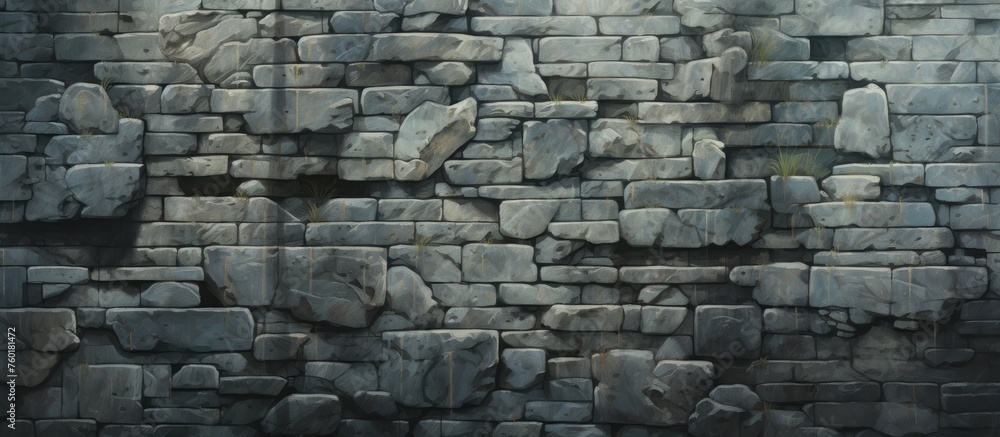 Poster a detailed close up of a stone wall showcasing a variety of rocks in a composite material pattern, e