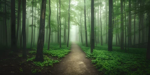  Trilha sinuosa na exuberante floresta verde © Alexandre
