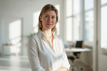 Serene Professional Woman in Bright Office Space Exuding Confidence and Approachability