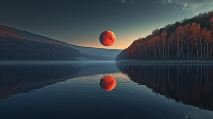 Lake landscape with a red moon with reflection, 4K wallpaper