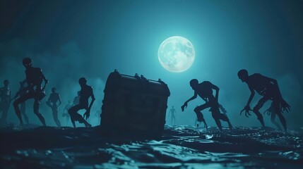 Eerie dance of zombies around a treasure chest moonlit - obrazy, fototapety, plakaty