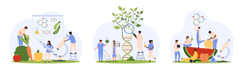 Genetic and food safety research, inspection of vegetable and fruit set. Tiny people with magnifying glass grow green plant from DNA, genome analysis in laboratory cartoon vector illustration