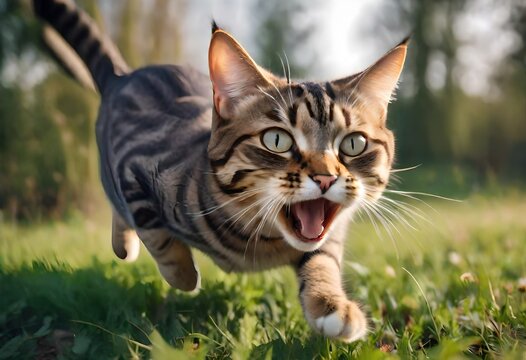 cat on grass running towards the mouse, funny pet animals