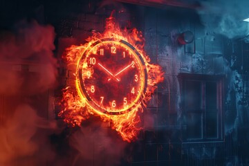 Wall clock engulfed in flames dark office