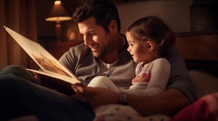 Homem lendo um livro de historias para os seus filhos - obrazy, fototapety, plakaty