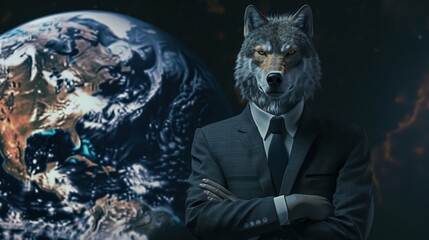 Wolf in business attire 3D hologram of Earth - obrazy, fototapety, plakaty