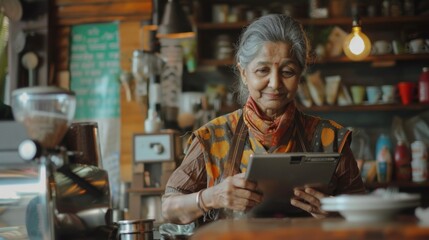 Portrait of a happy coffee shop worker with a tablet