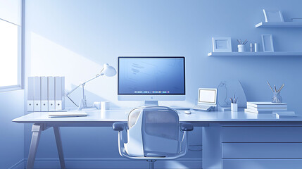 Fototapeta na wymiar Minimalist office setup featuring a minimalist glass desk, a white ergonomic office chair, and a simple desktop organizer